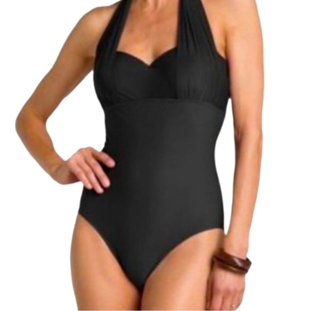 FANTASIZER Black Retro Halter One Piece Bathing Suit Size 14 Womens Slimming